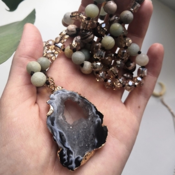 Beaded Raw Solar Quartz Crystal Pendant Necklace - Picture 4 of 12